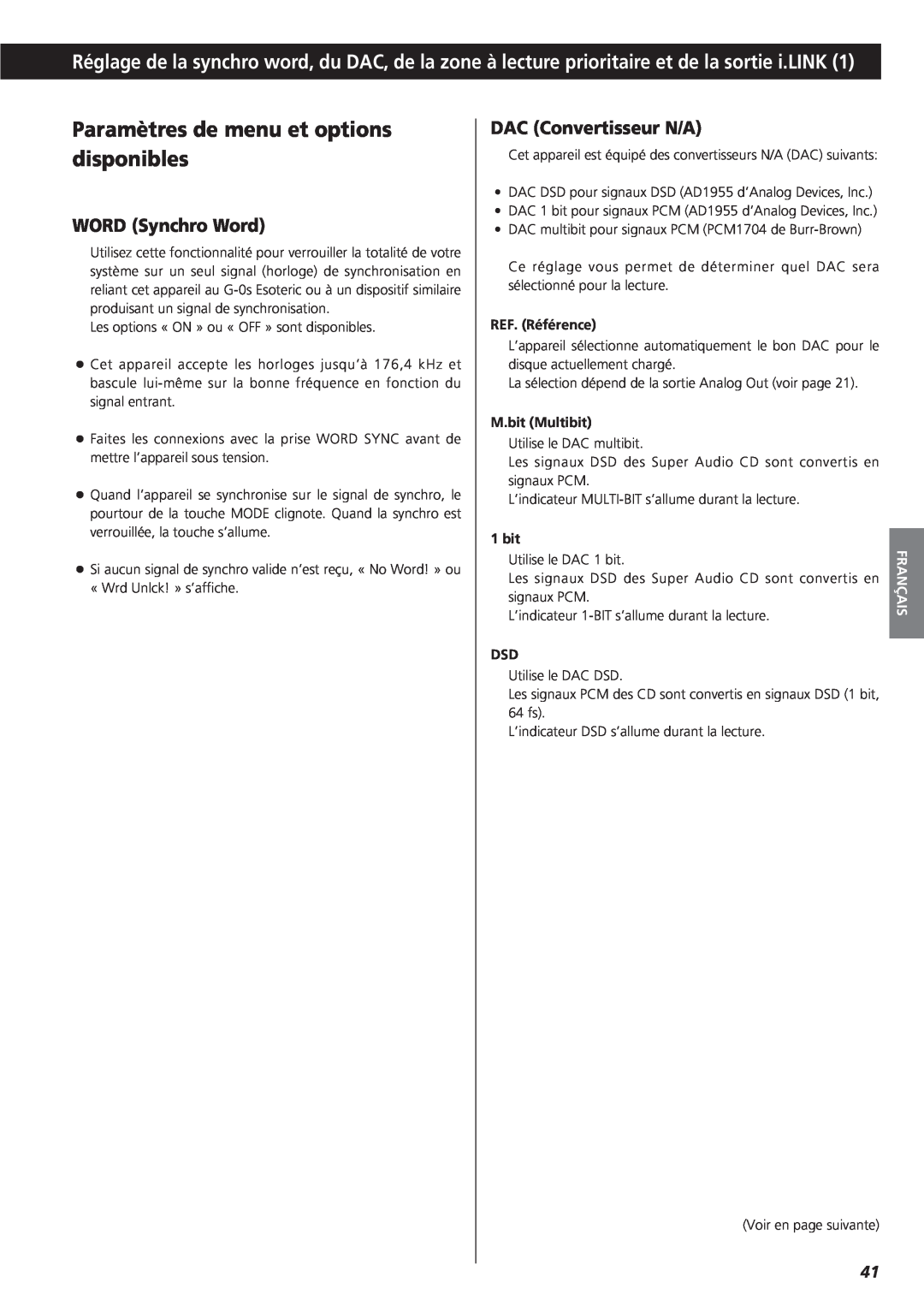 Teac X-01 D2 owner manual Paramètres de menu et options disponibles, WORD Synchro Word, DAC Convertisseur N/A, Français 