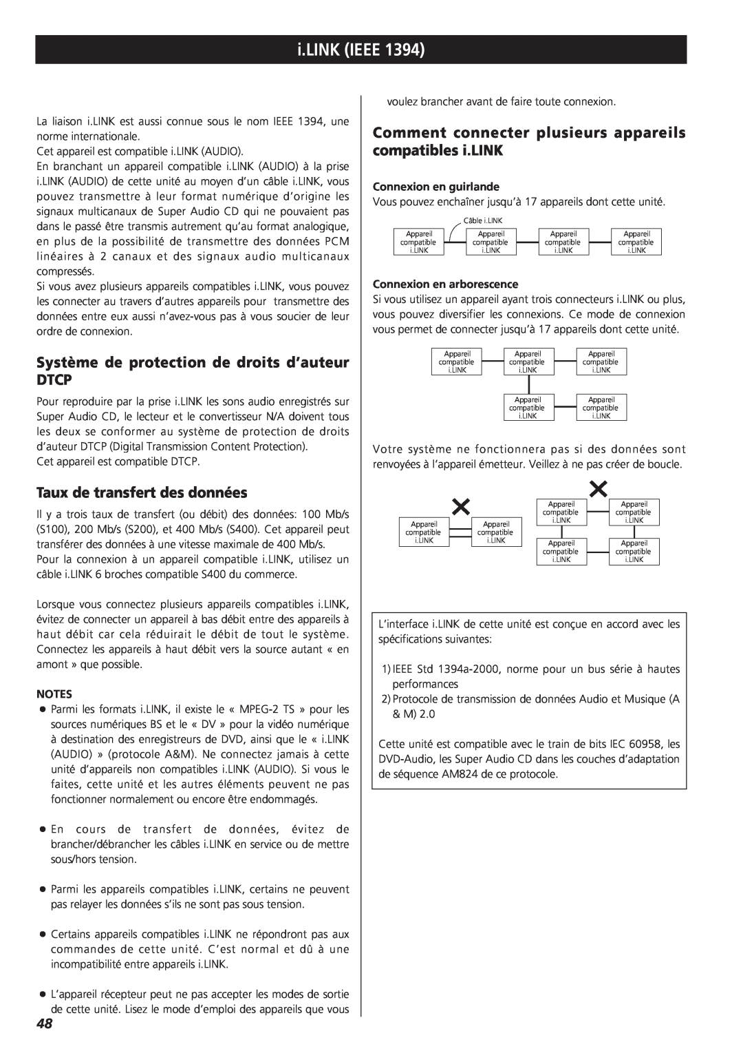 Teac X-01 D2 owner manual Système de protection de droits d’auteur DTCP, Taux de transfert des données, i.LINK IEEE 