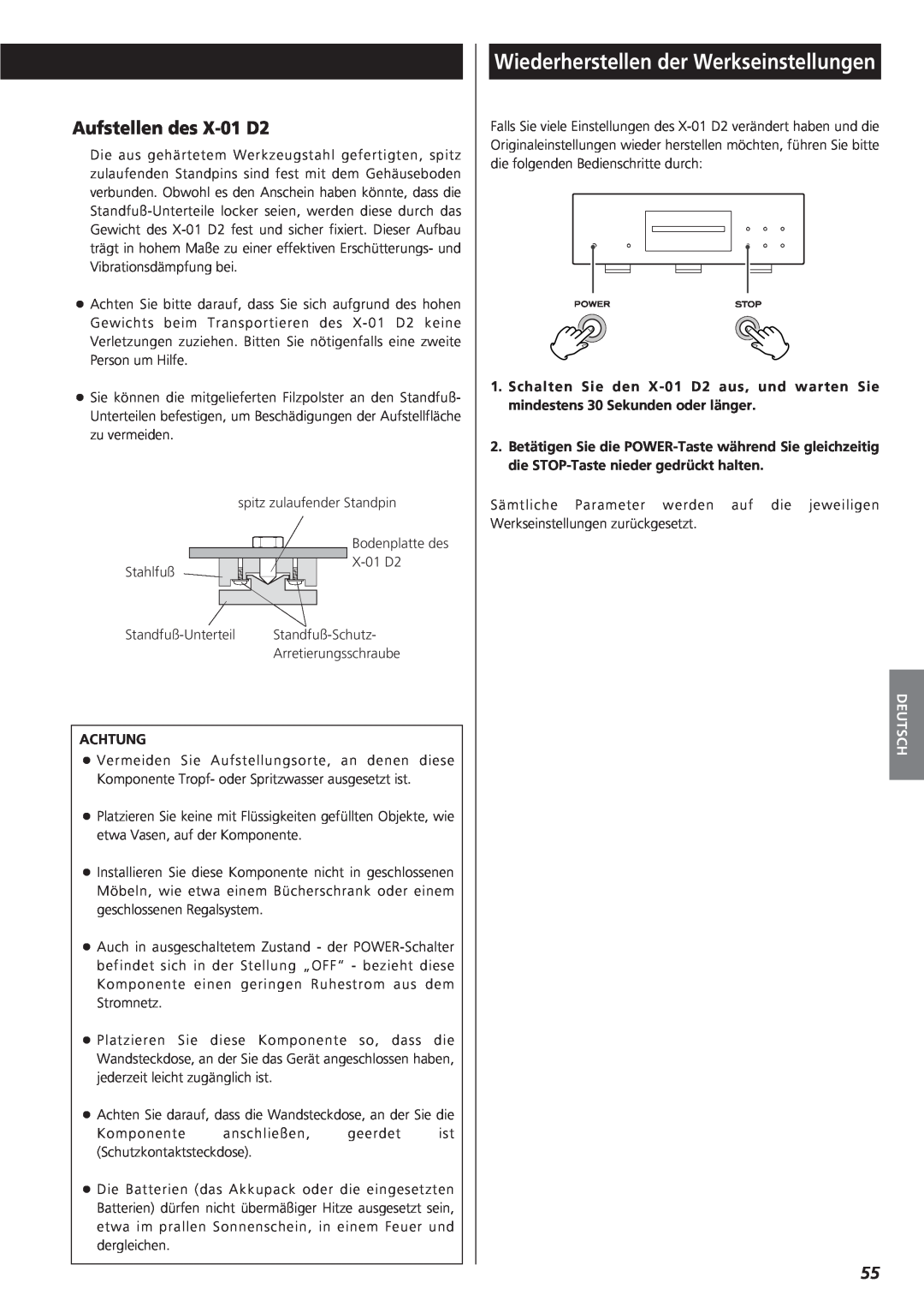 Teac X-01 D2 owner manual Wiederherstellen der Werkseinstellungen, Aufstellen des X-01D2, Deutsch 
