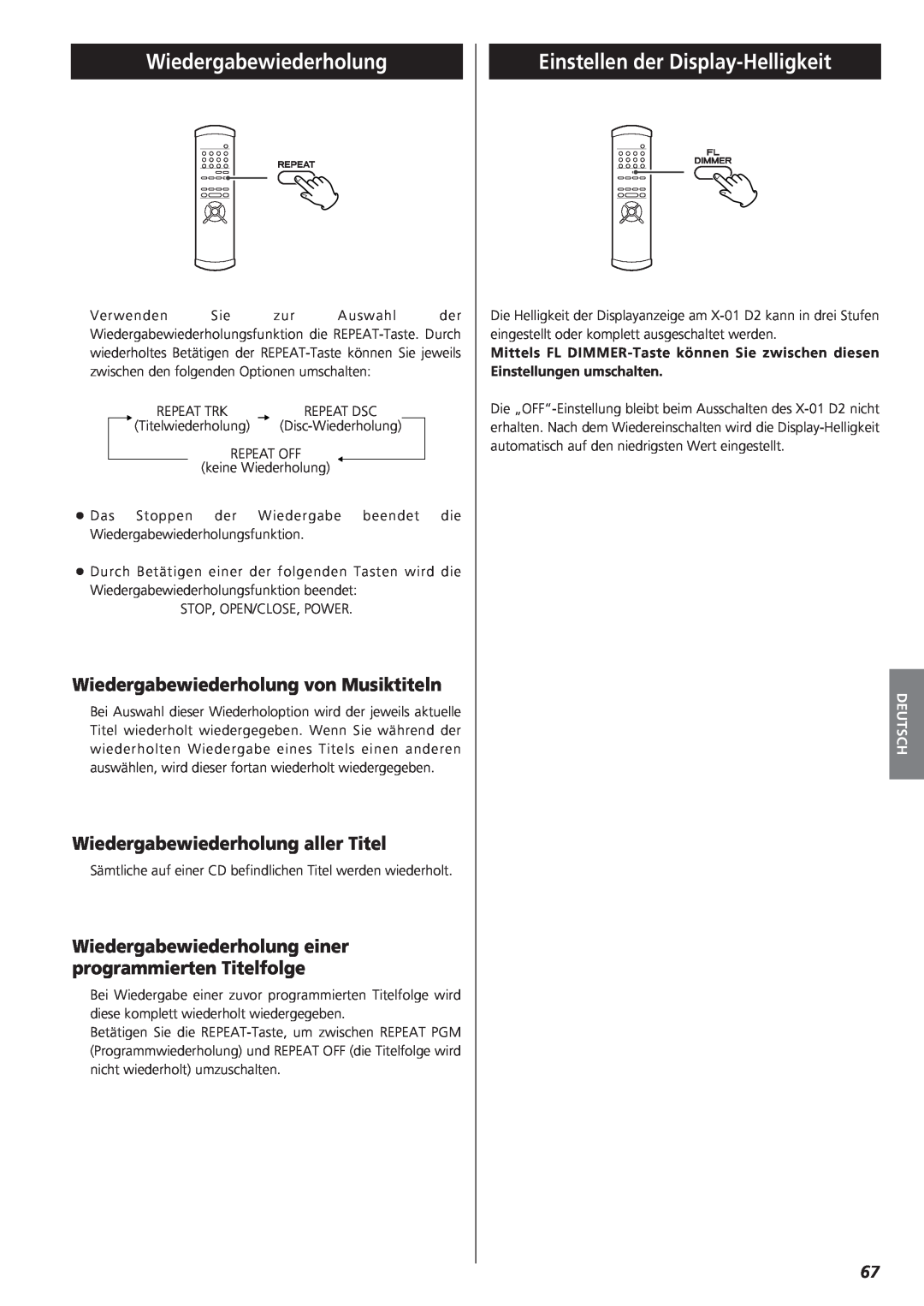 Teac X-01 D2 owner manual Einstellen der Display-Helligkeit, Wiedergabewiederholung von Musiktiteln, Deutsch 