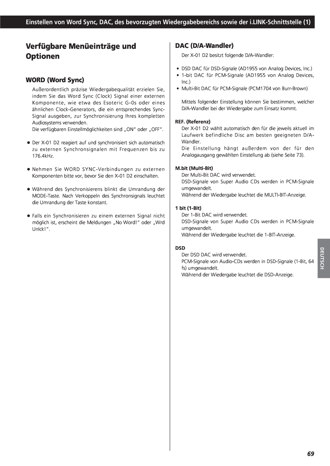 Teac X-01 D2 owner manual Verfügbare Menüeinträge und Optionen, WORD Word Sync, DAC D/A-Wandler, Deutsch 