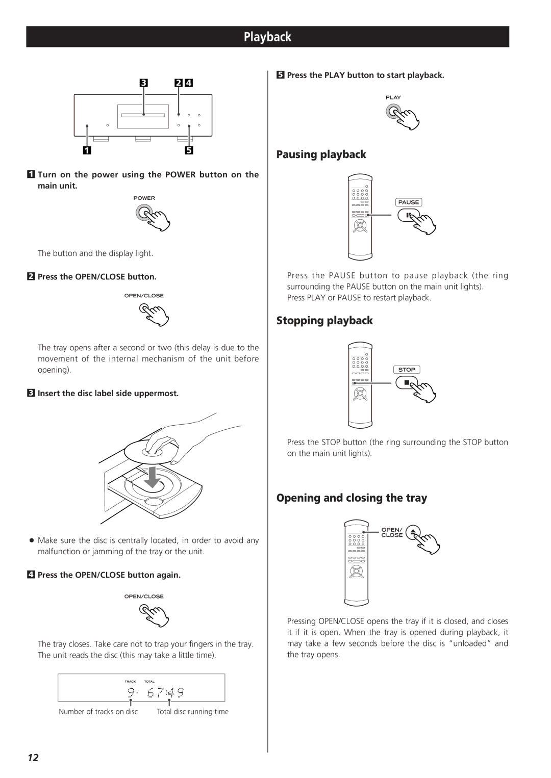 Teac X-01 owner manual Playback, Pausing playback, Stopping playback, Opening and closing the tray 