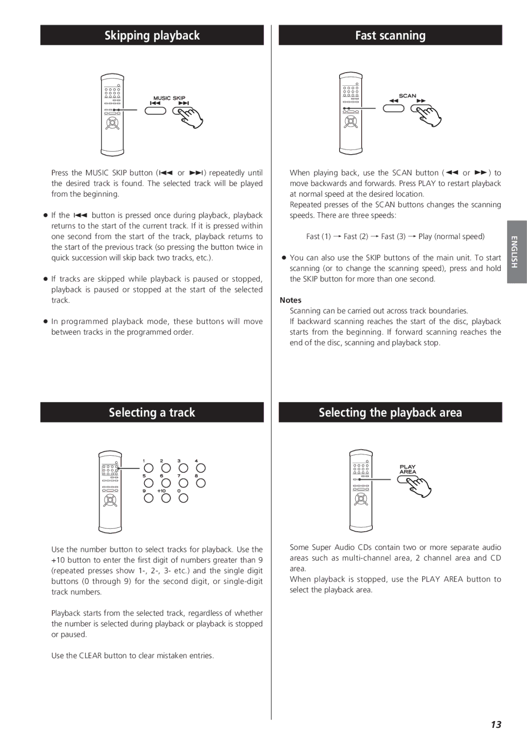 Teac X-01 owner manual Skipping playback, Selecting a track, Fast scanning, Selecting the playback area 