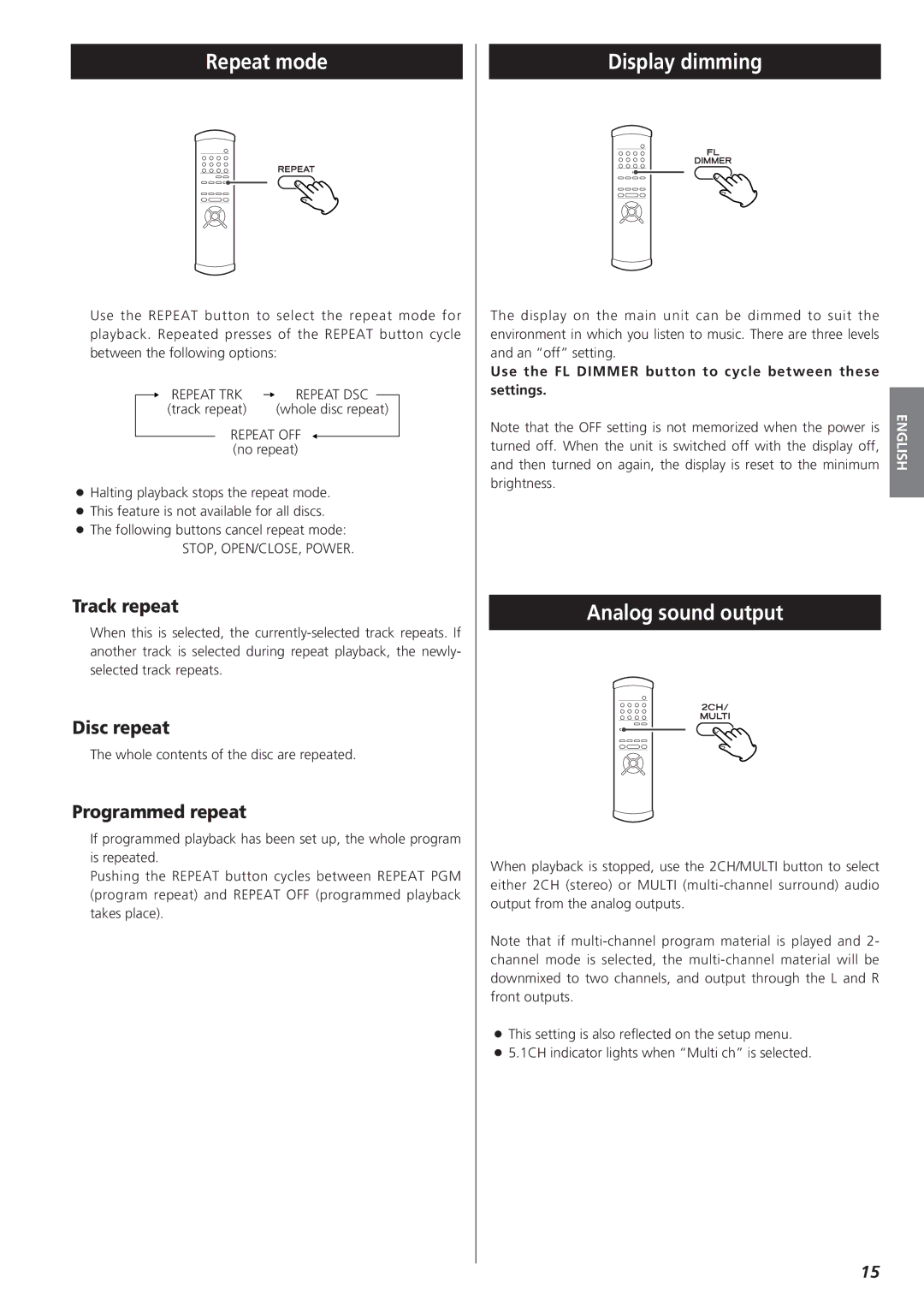 Teac X-01 owner manual Repeat mode, Display dimming, Analog sound output 