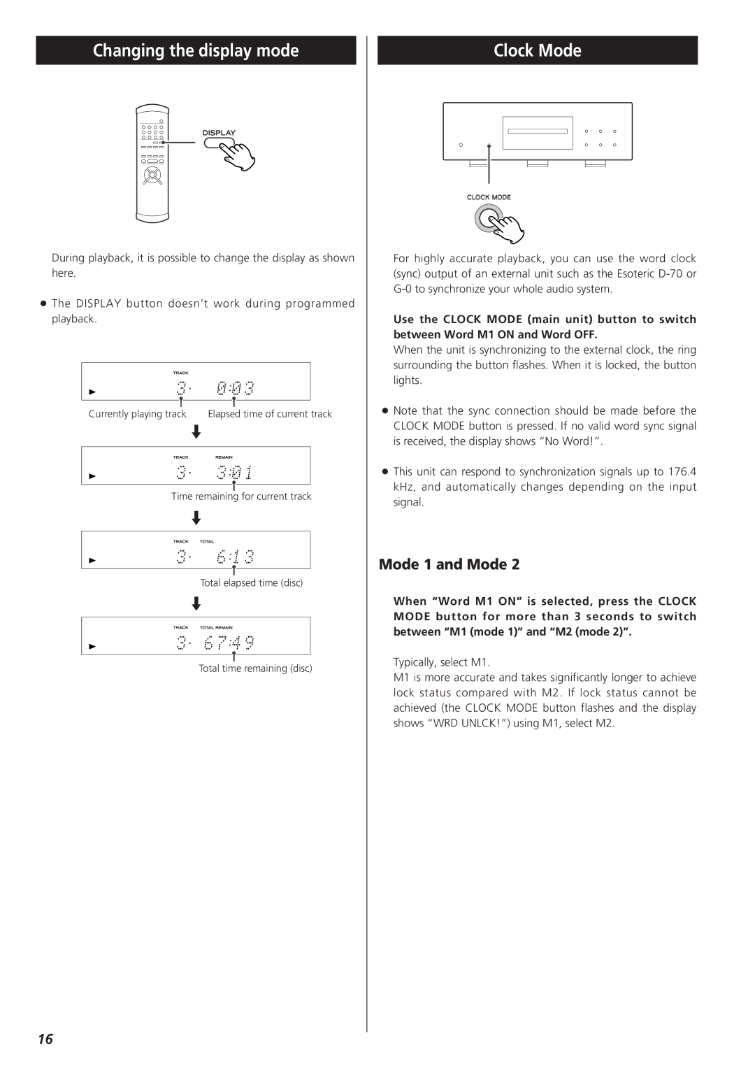 Teac X-01 owner manual Changing the display mode, Clock Mode, Mode 1 and Mode 