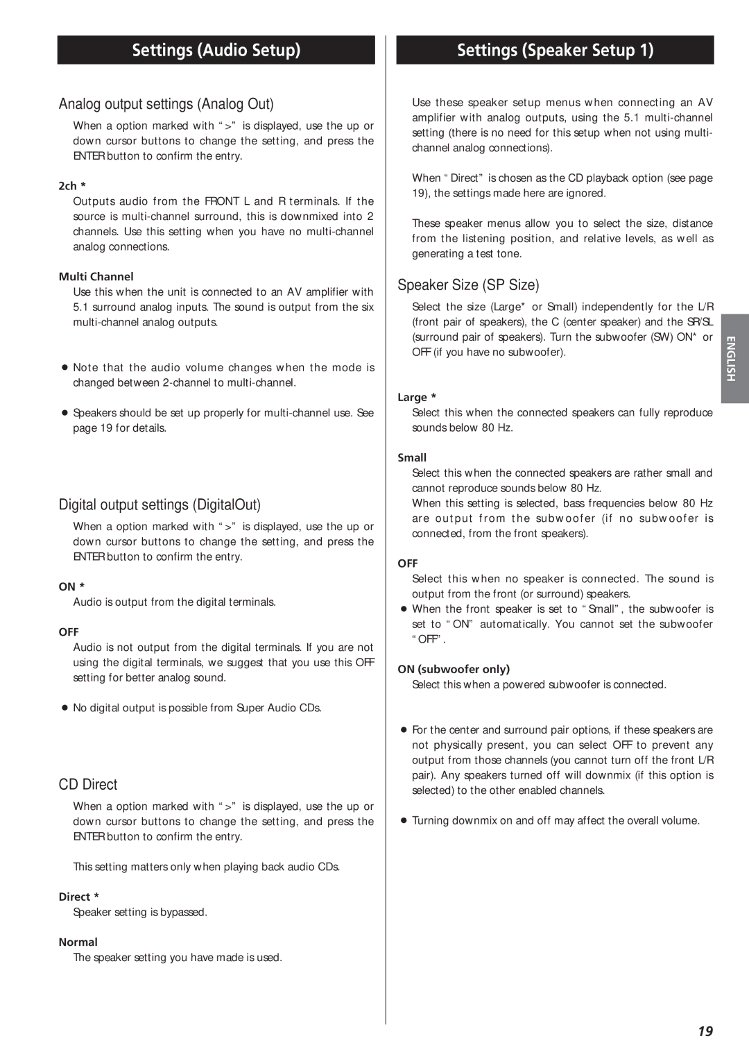 Teac X-01 owner manual Settings Audio Setup, Settings Speaker Setup 