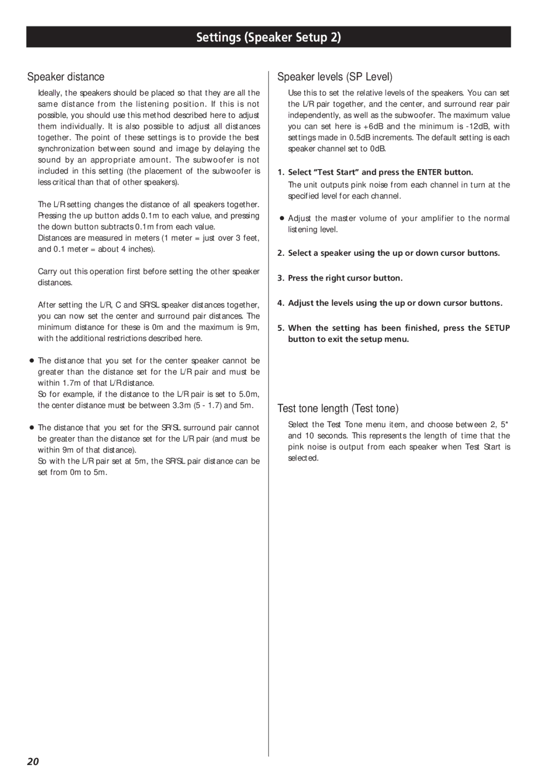 Teac X-01 owner manual Speaker distance, Speaker levels SP Level, Test tone length Test tone 