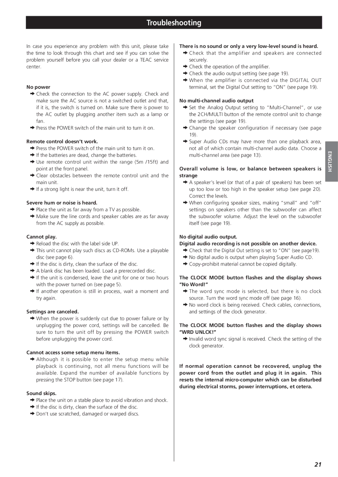 Teac X-01 owner manual Troubleshooting, WRD Unlck 