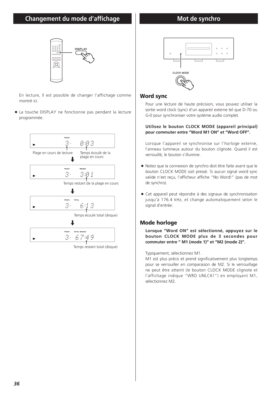 Teac X-01 owner manual Changement du mode d’affichage, Mot de synchro, Word sync, Mode horloge 