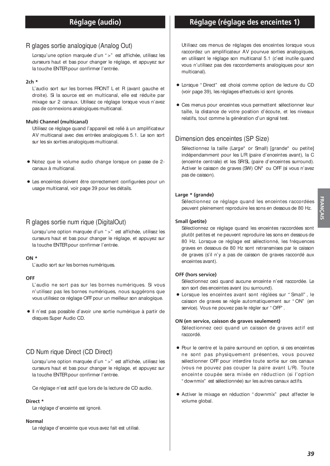 Teac X-01 owner manual Réglage audio, Réglage réglage des enceintes 