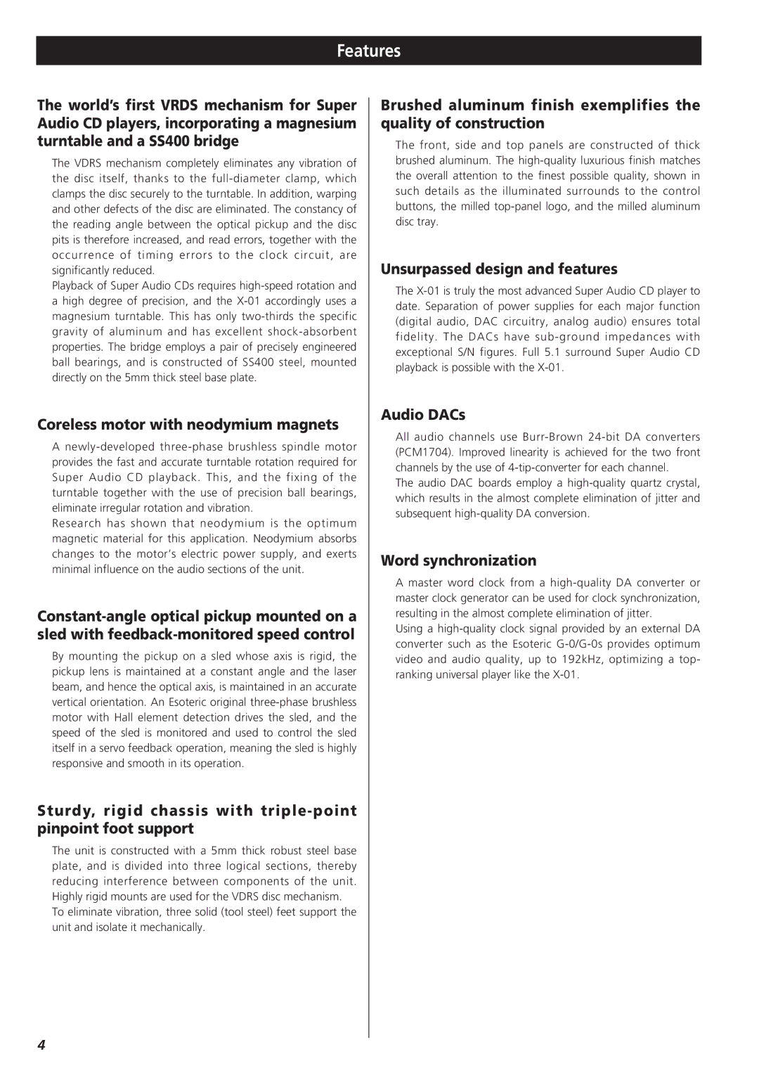 Teac X-01 owner manual Features, Coreless motor with neodymium magnets, Unsurpassed design and features, Audio DACs 