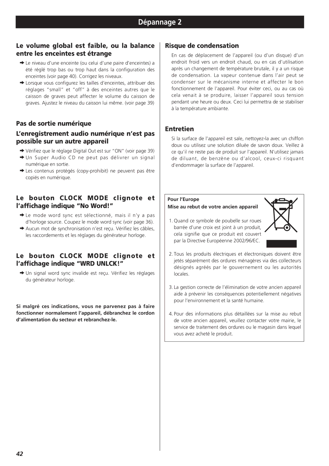 Teac X-01 owner manual Risque de condensation, Entretien, Pour l’Europe Mise au rebut de votre ancien appareil 