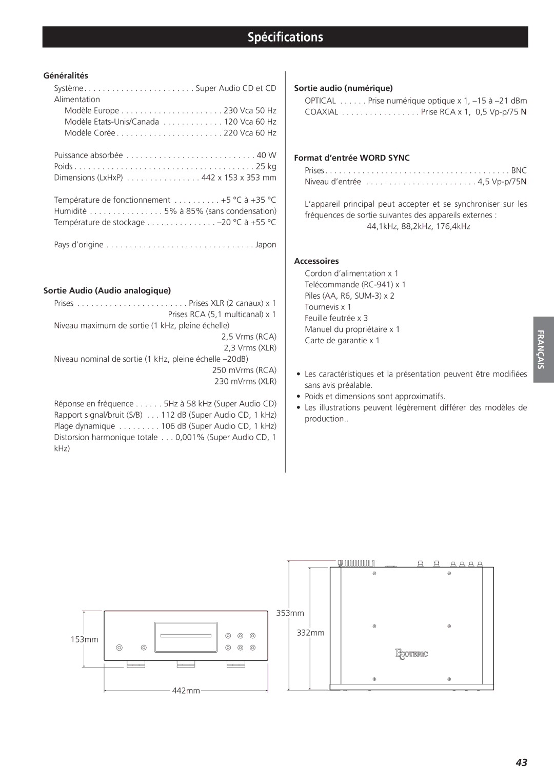 Teac X-01 owner manual Spécifications 