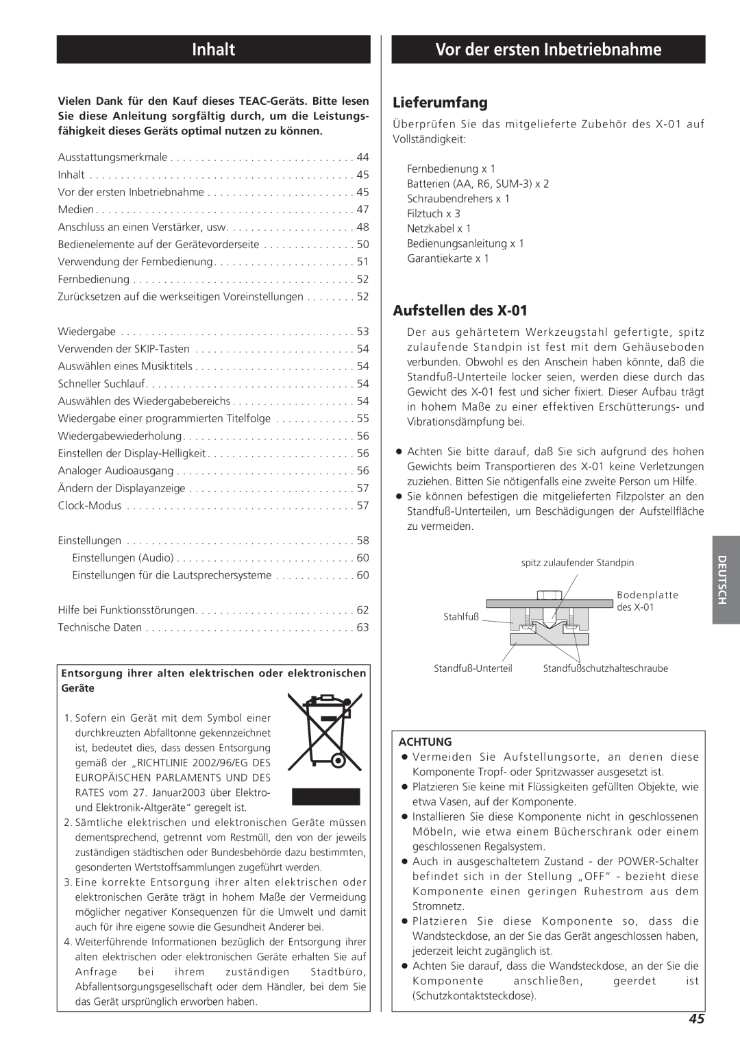 Teac X-01 owner manual Inhalt, Vor der ersten Inbetriebnahme, Lieferumfang, Aufstellen des, Achtung 