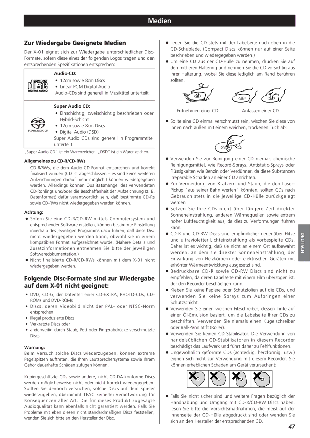 Teac X-01 owner manual Zur Wiedergabe Geeignete Medien, Audio-CD 