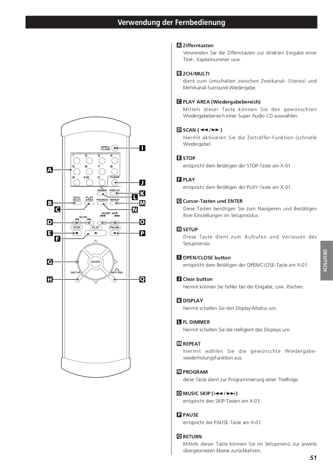 Teac X-01 owner manual Verwendung der Fernbedienung, Zifferntasten, Play Area Wiedergabebereich, Cursor-Tasten und Enter 