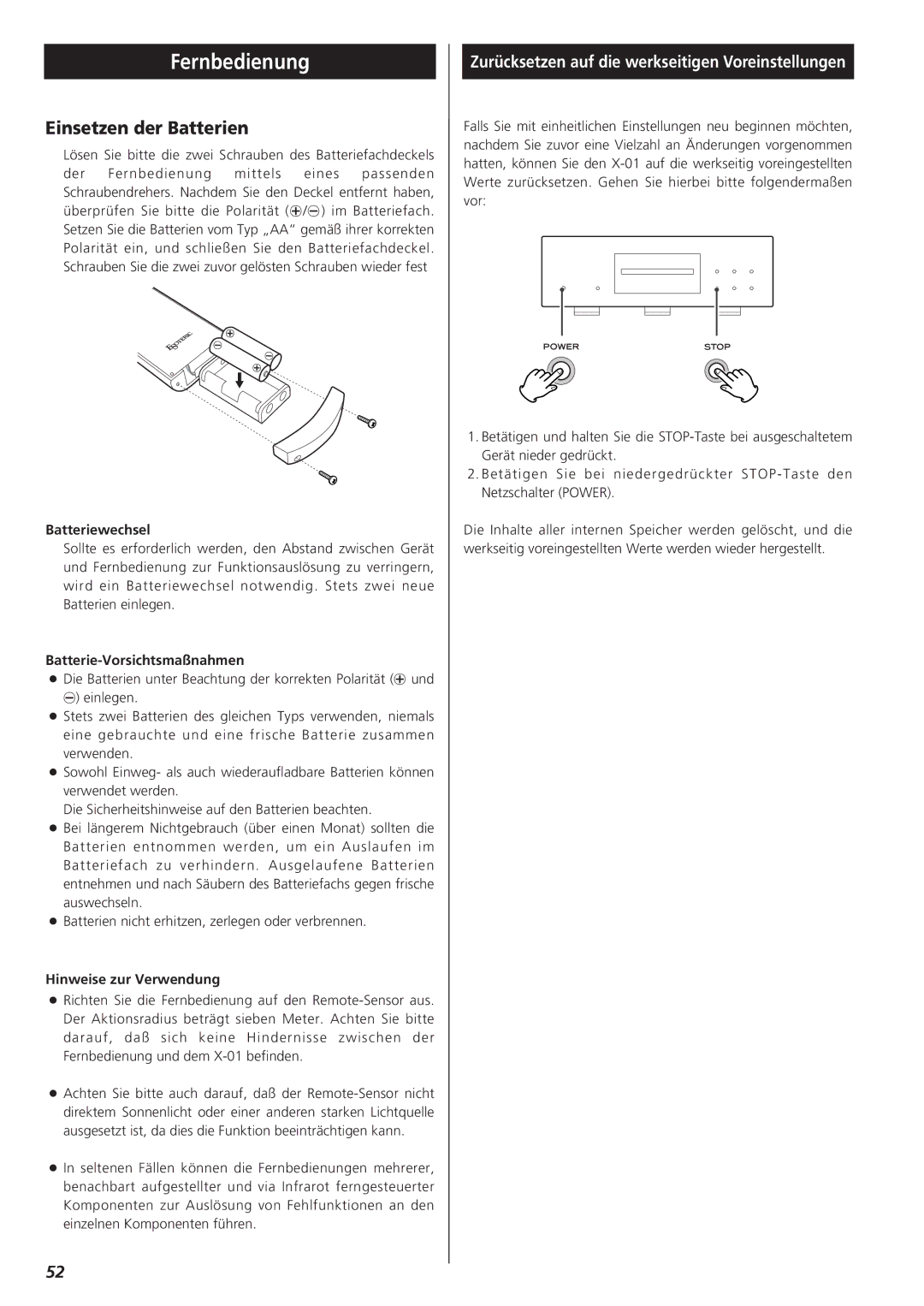 Teac X-01 Fernbedienung, Einsetzen der Batterien, Batteriewechsel, Batterie-Vorsichtsmaßnahmen, Hinweise zur Verwendung 