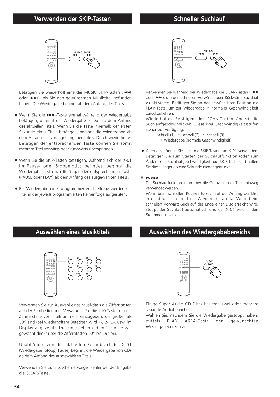 Teac X-01 owner manual Verwenden der SKIP-Tasten, Schneller Suchlauf, Auswählen des Wiedergabebereichs 