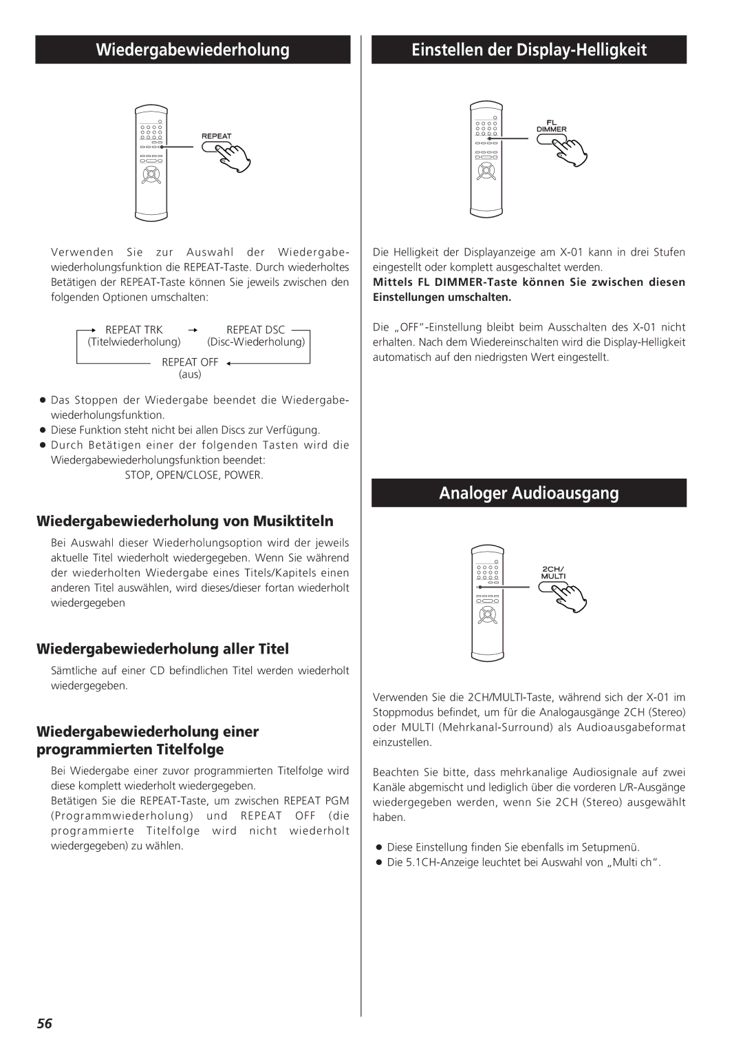 Teac X-01 owner manual Wiedergabewiederholung, Einstellen der Display-Helligkeit, Analoger Audioausgang 