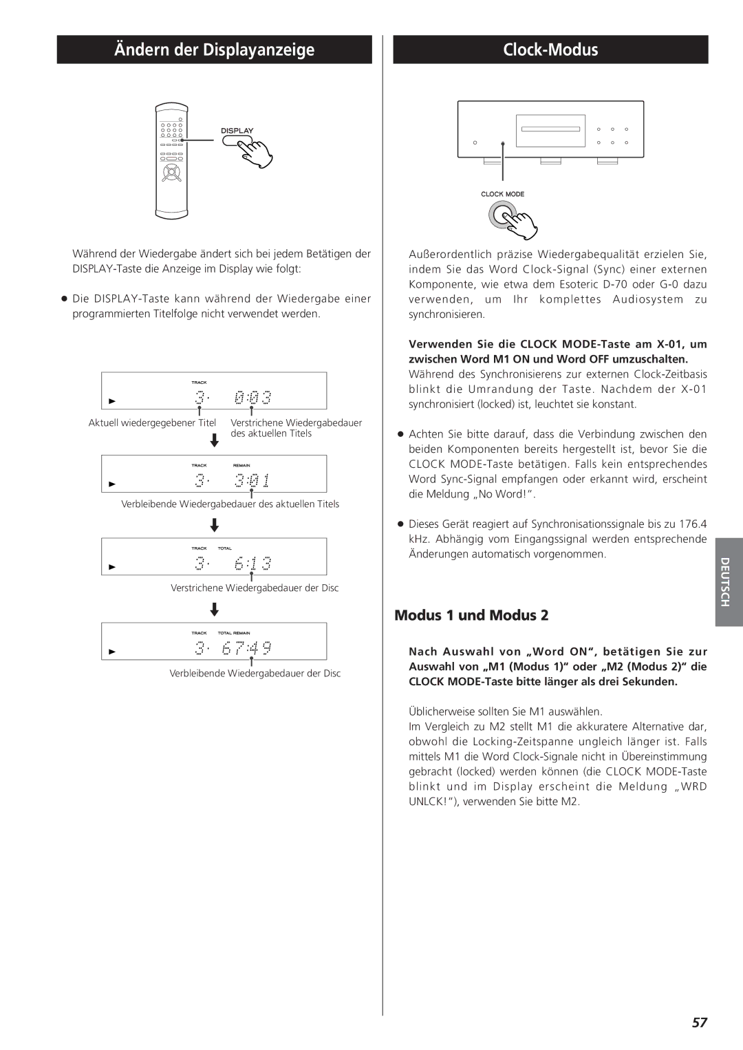 Teac X-01 owner manual Ändern der Displayanzeige, Clock-Modus, Modus 1 und Modus 