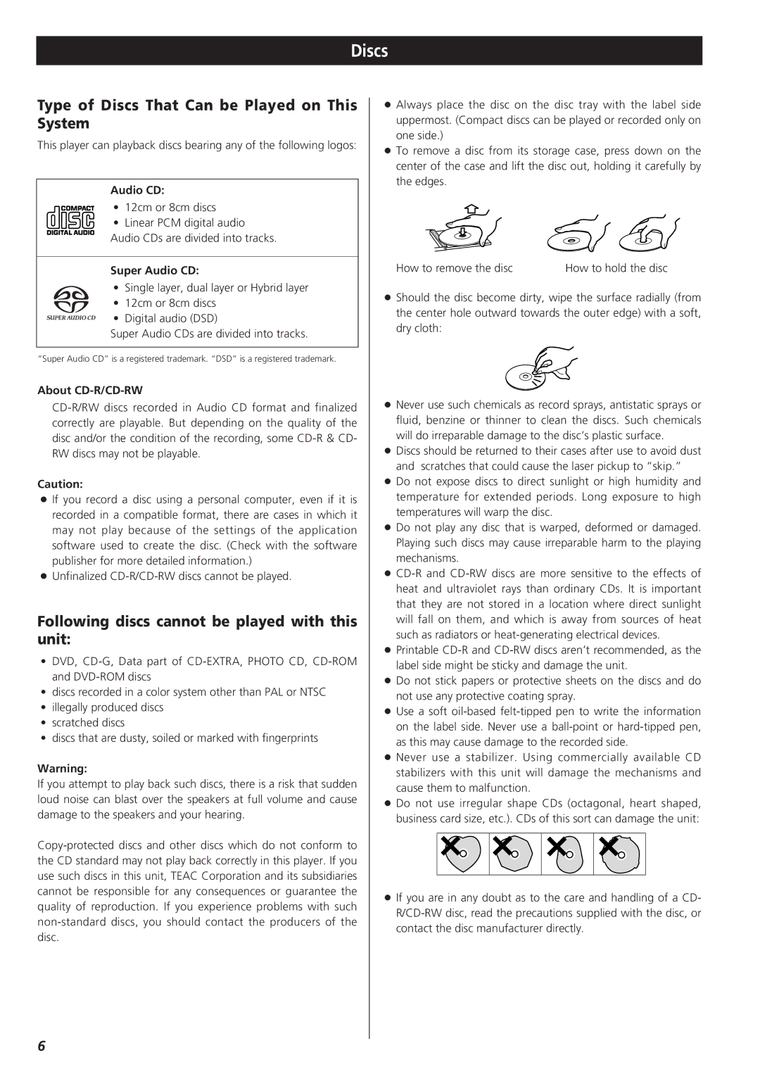 Teac X-01 owner manual Type of Discs That Can be Played on This System, Following discs cannot be played with this unit 