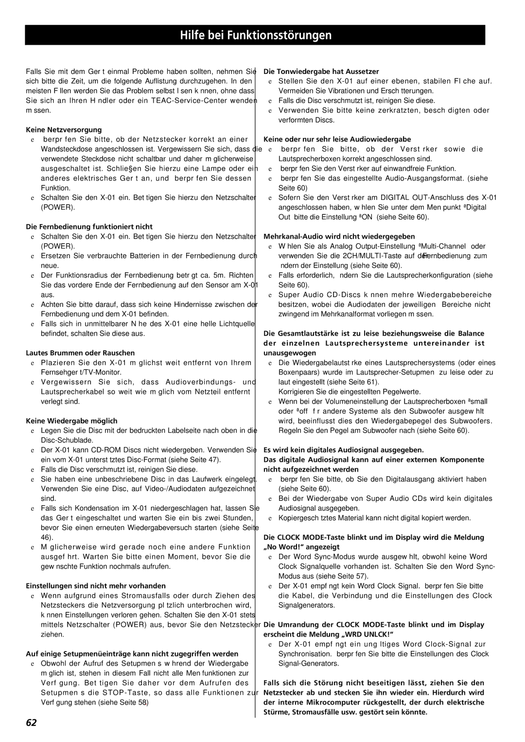 Teac X-01 owner manual Hilfe bei Funktionsstörungen, Keine Netzversorgung 