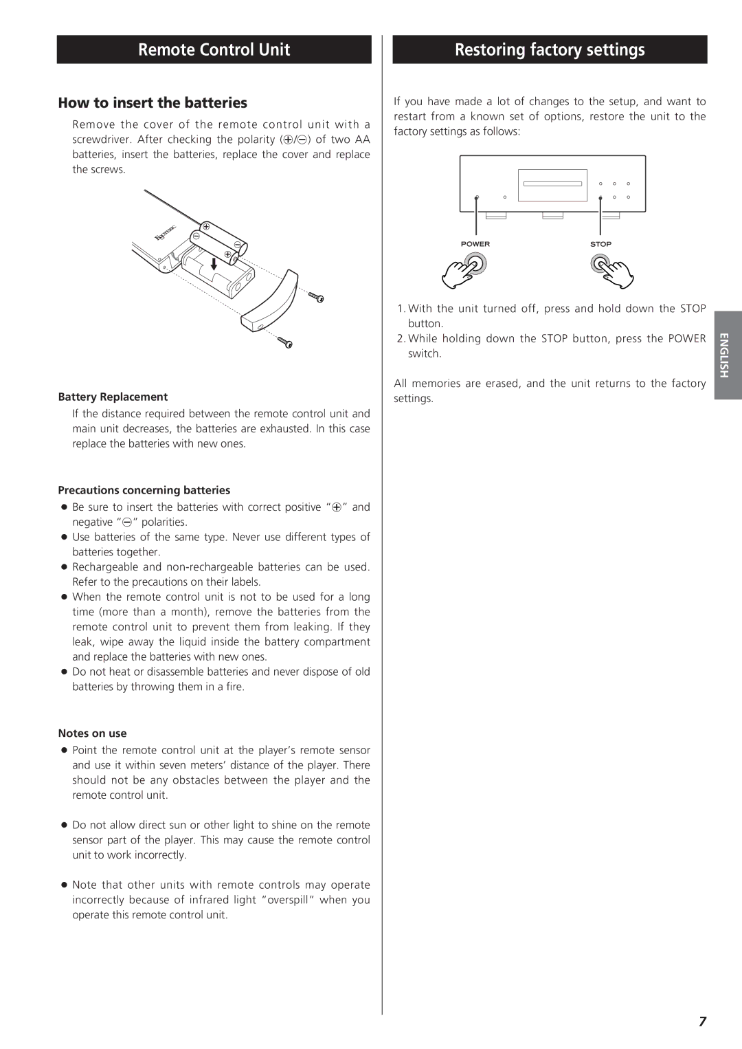 Teac X-01 owner manual Remote Control Unit, Restoring factory settings, How to insert the batteries, Battery Replacement 