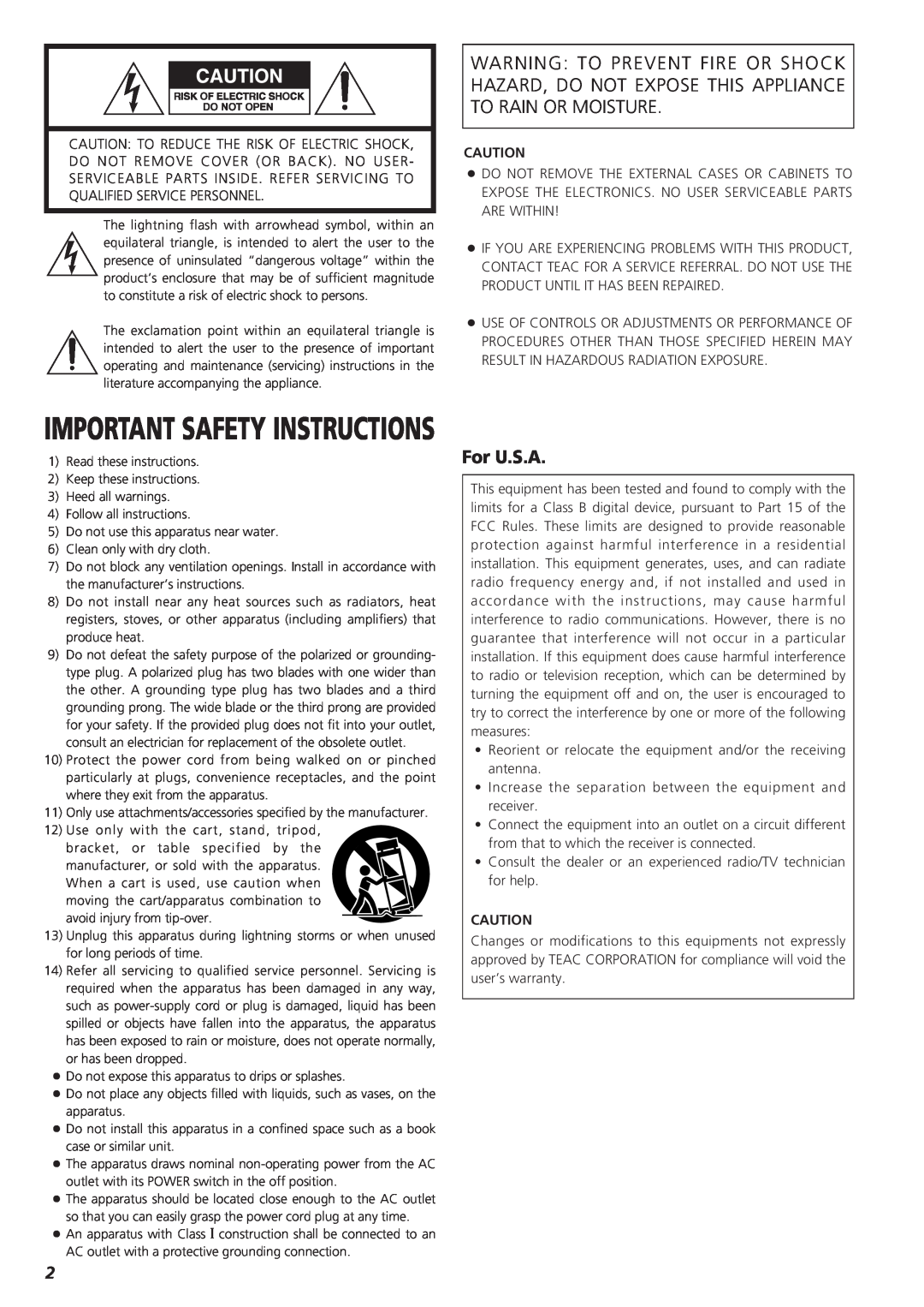 Teac X-01 owner manual For U.S.A, Important Safety Instructions 