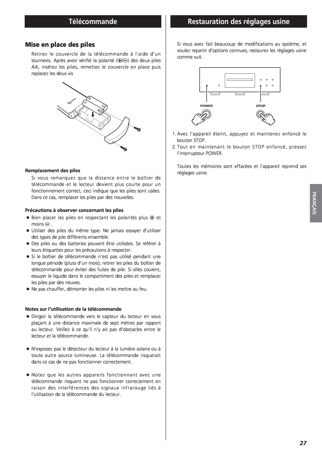 Teac X-01 owner manual Télécommande, Restauration des réglages usine, Mise en place des piles, Français 