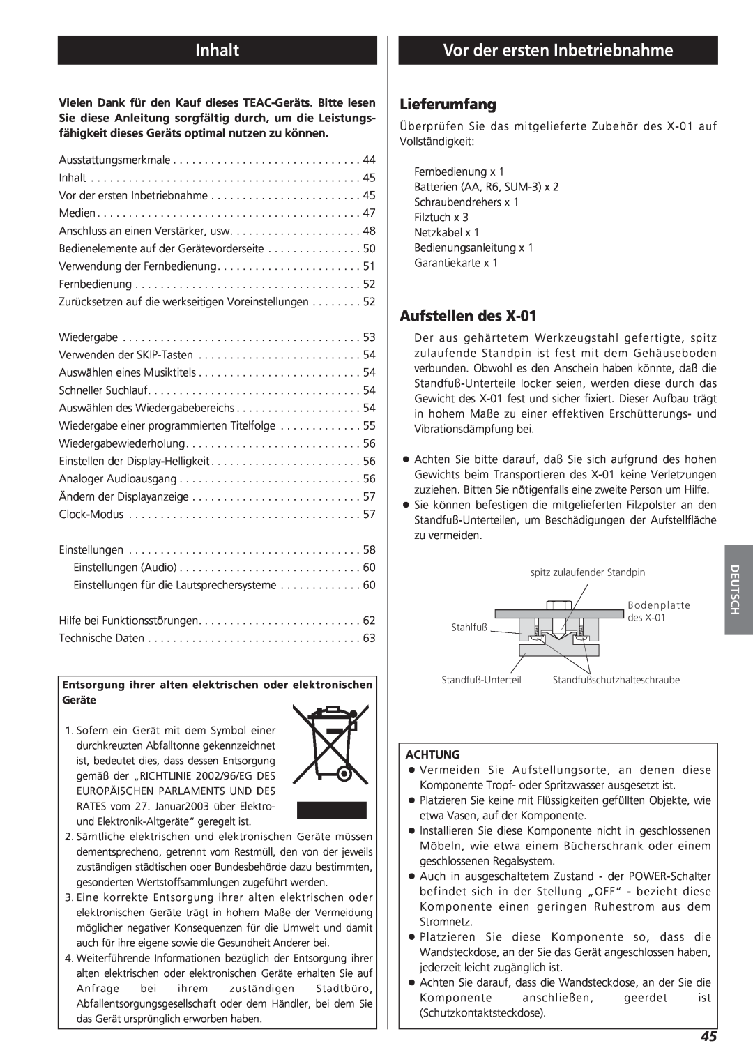 Teac X-01 owner manual Inhalt, Vor der ersten Inbetriebnahme, Lieferumfang, Aufstellen des 