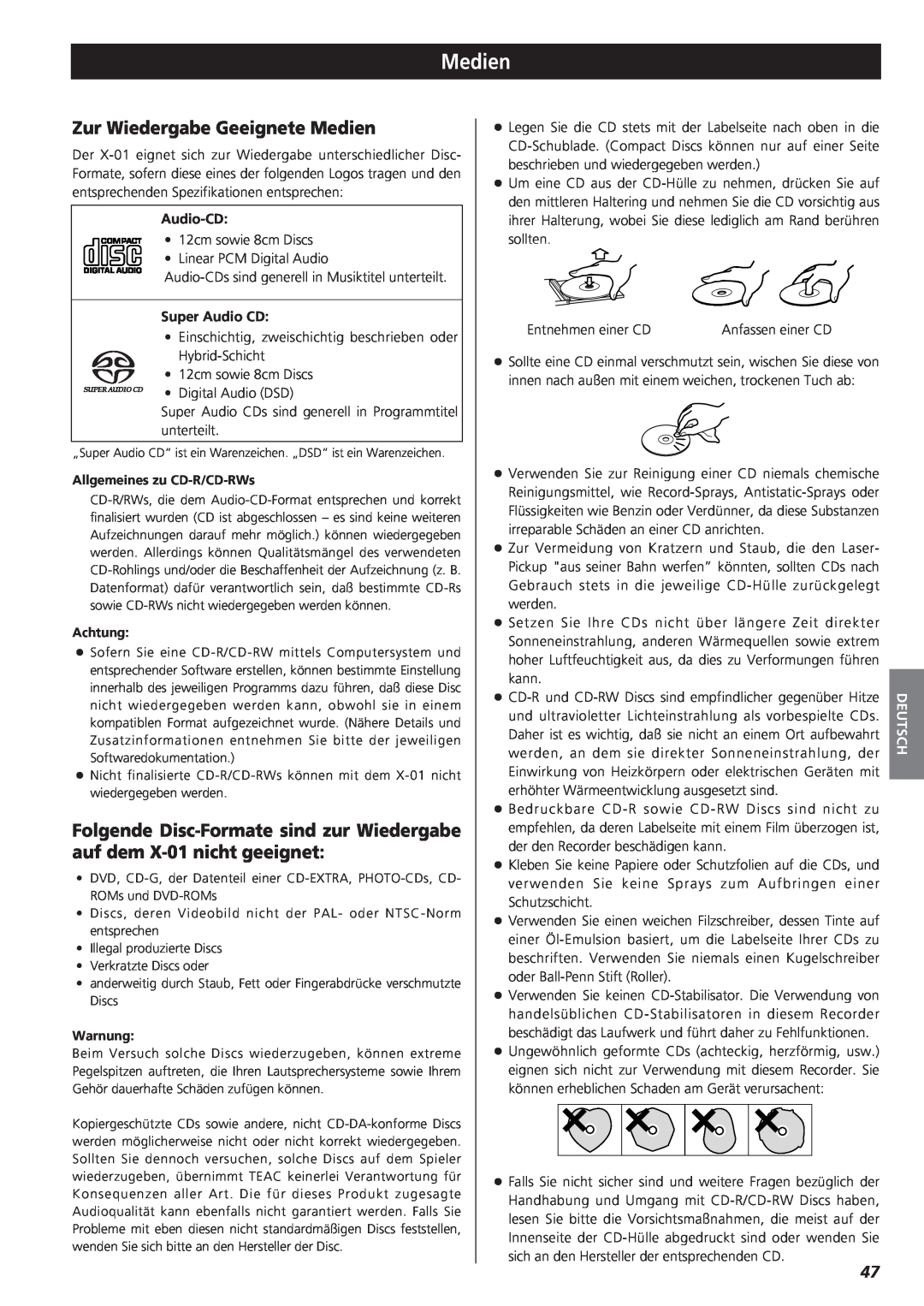Teac X-01 owner manual Zur Wiedergabe Geeignete Medien 