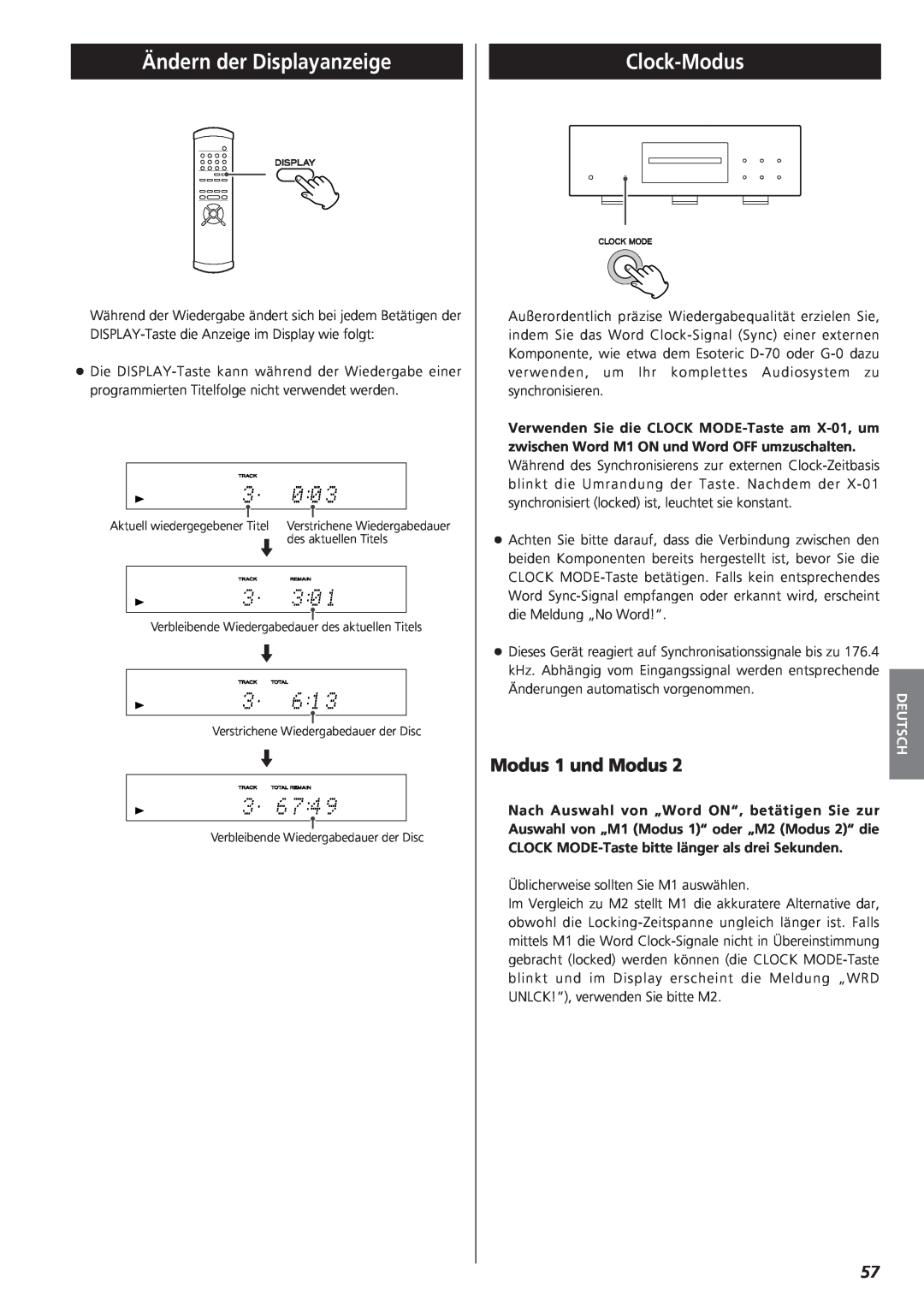 Teac X-01 owner manual Ändern der Displayanzeige, Clock-Modus, Modus 1 und Modus 