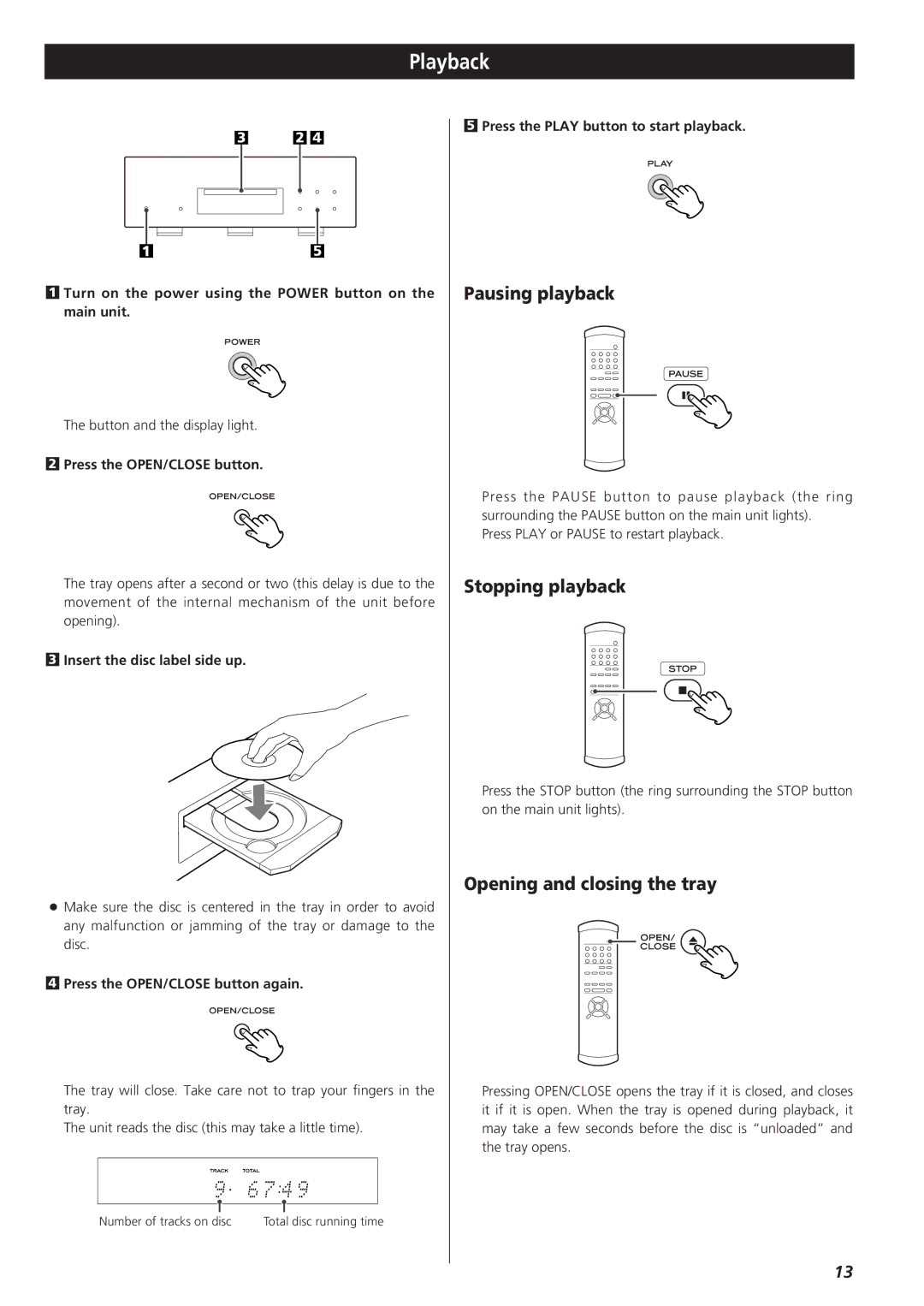 Teac X-03SE manual Playback, Pausing playback, Stopping playback, Opening and closing the tray 