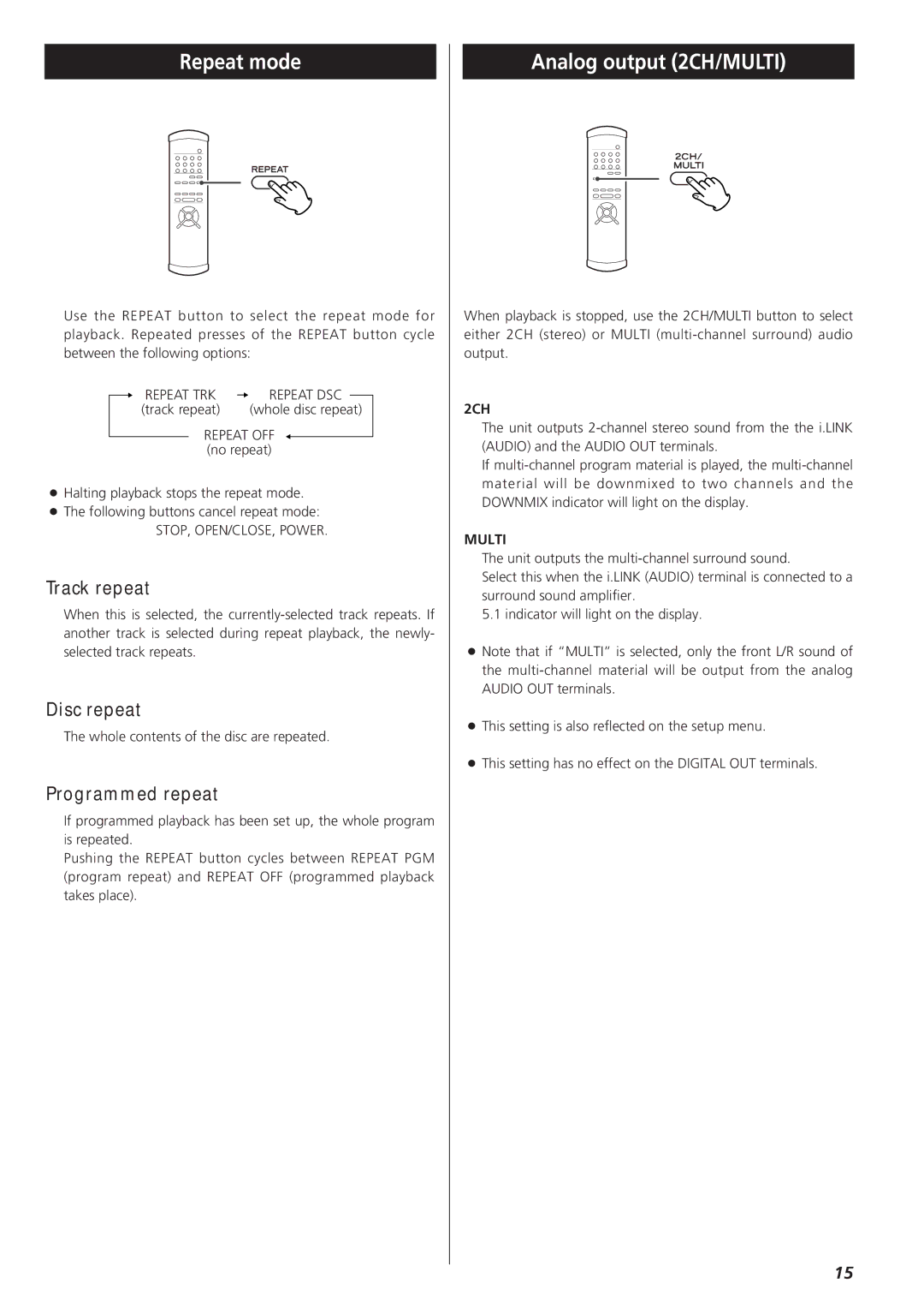 Teac X-03SE manual Repeat mode, Analog output 2CH/MULTI, Track repeat, Disc repeat, Programmed repeat 