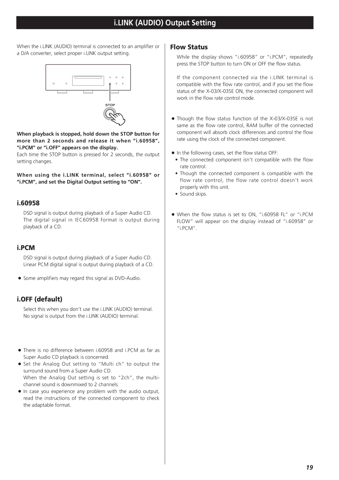 Teac X-03SE manual Link Audio Output Setting, 60958, Pcm, OFF default, Flow Status 