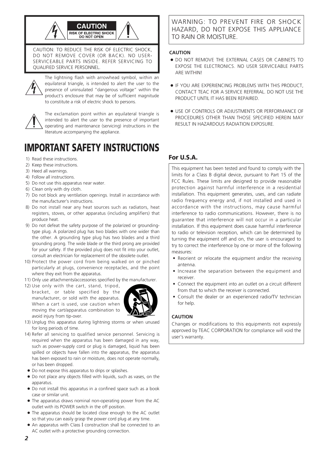 Teac X-03SE manual Important Safety Instructions, For U.S.A 