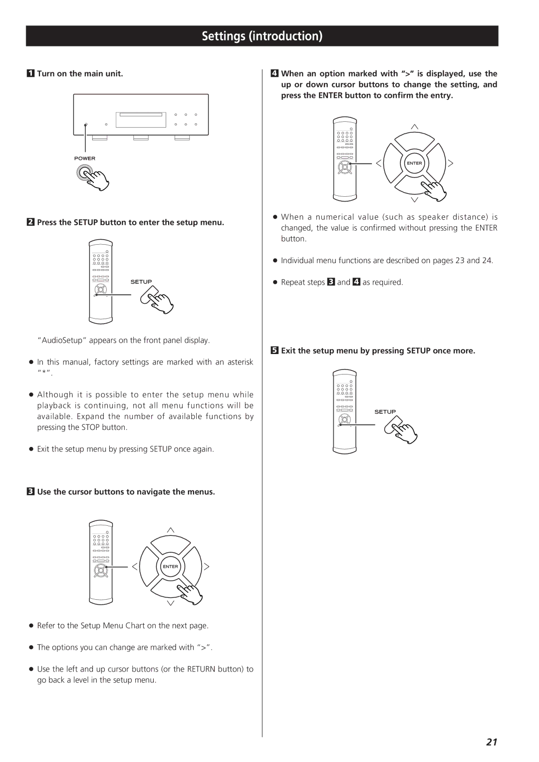 Teac X-03SE manual Settings introduction, Use the cursor buttons to navigate the menus 