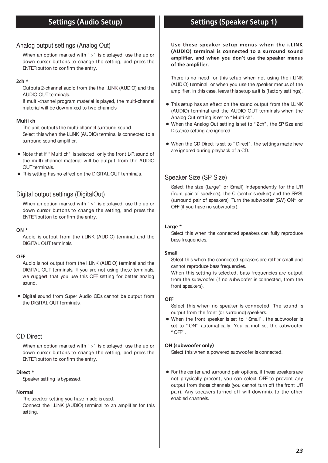 Teac X-03SE manual Settings Audio Setup, Settings Speaker Setup 