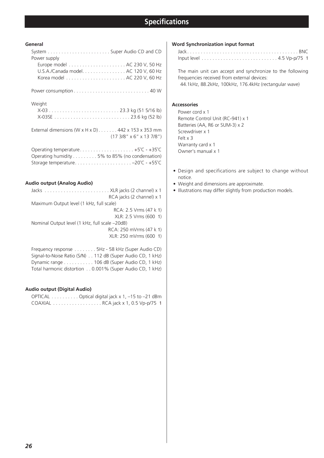 Teac X-03SE manual Specifications 