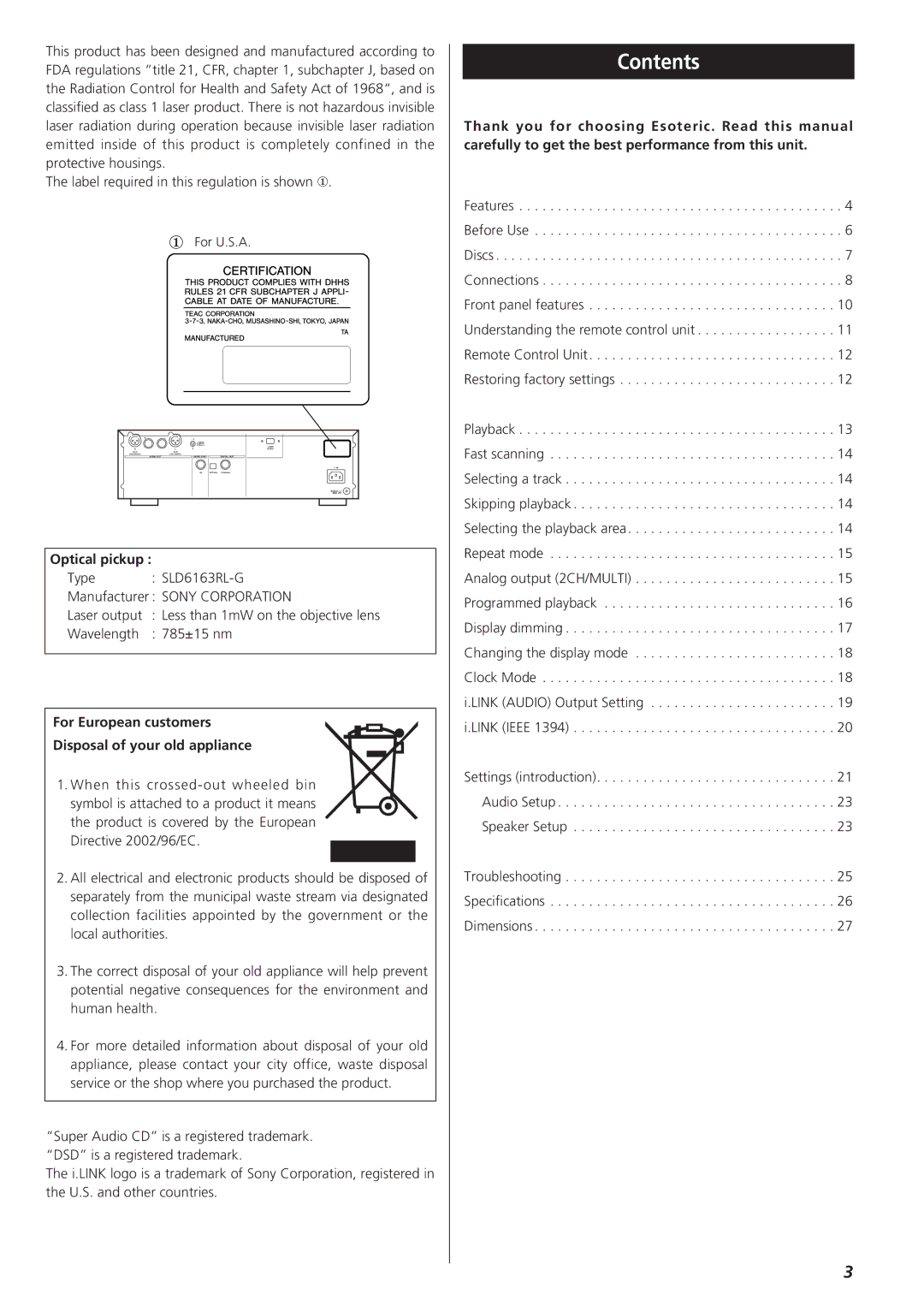 Teac X-03SE manual Contents 