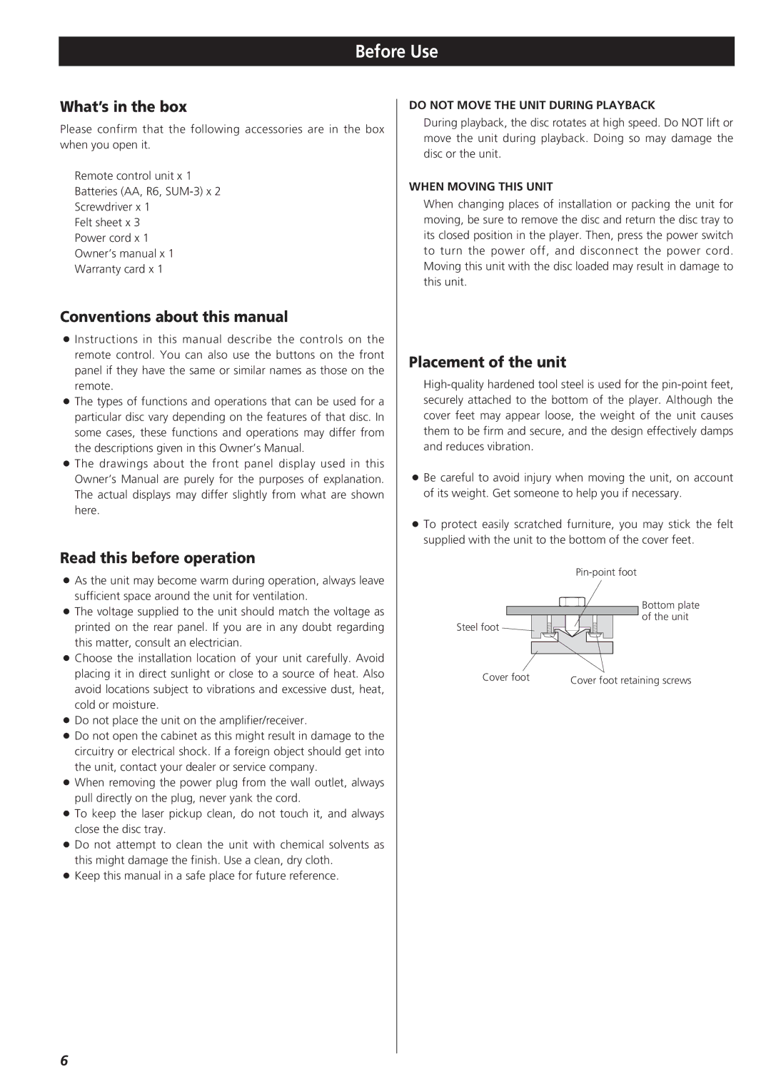 Teac X-03 Before Use, What’s in the box, Conventions about this manual, Read this before operation, Placement of the unit 