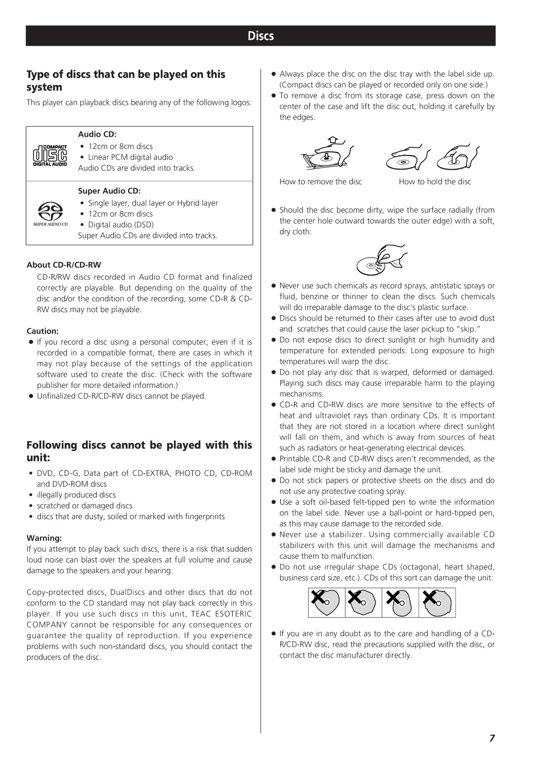 Teac X-03SE manual Discs, Type of discs that can be played on this system, Following discs cannot be played with this unit 