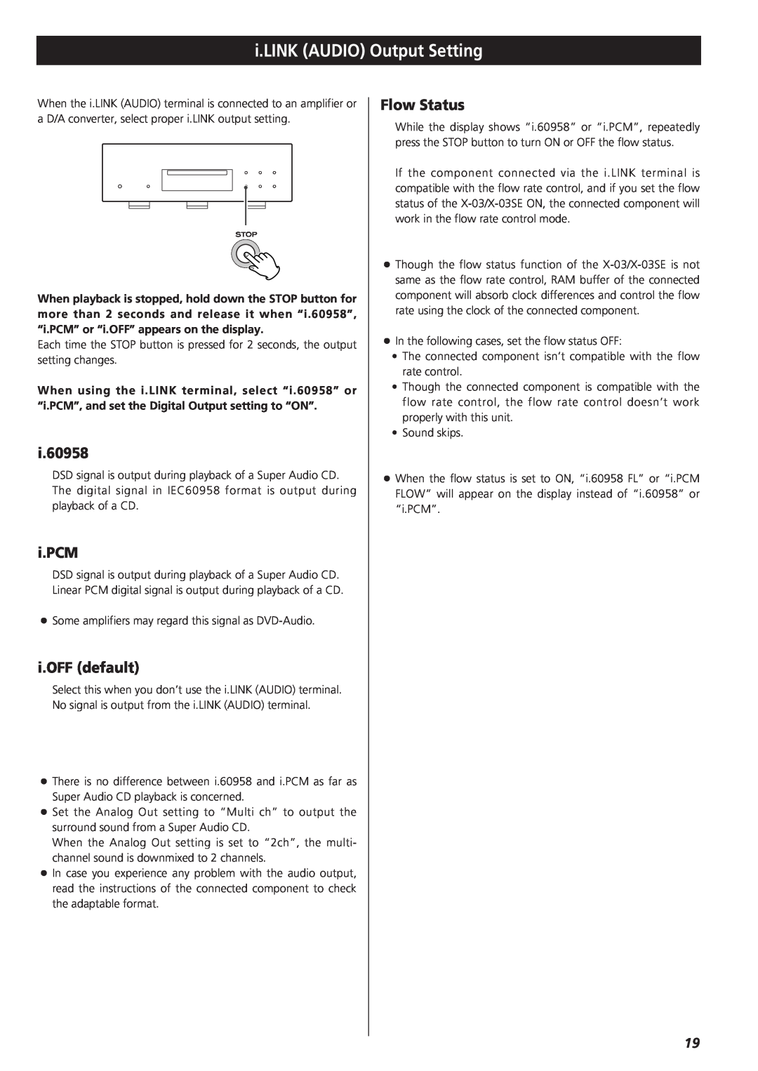 Teac X-03SE manual i.LINK AUDIO Output Setting, i.60958, i.PCM, i.OFF default, Flow Status 