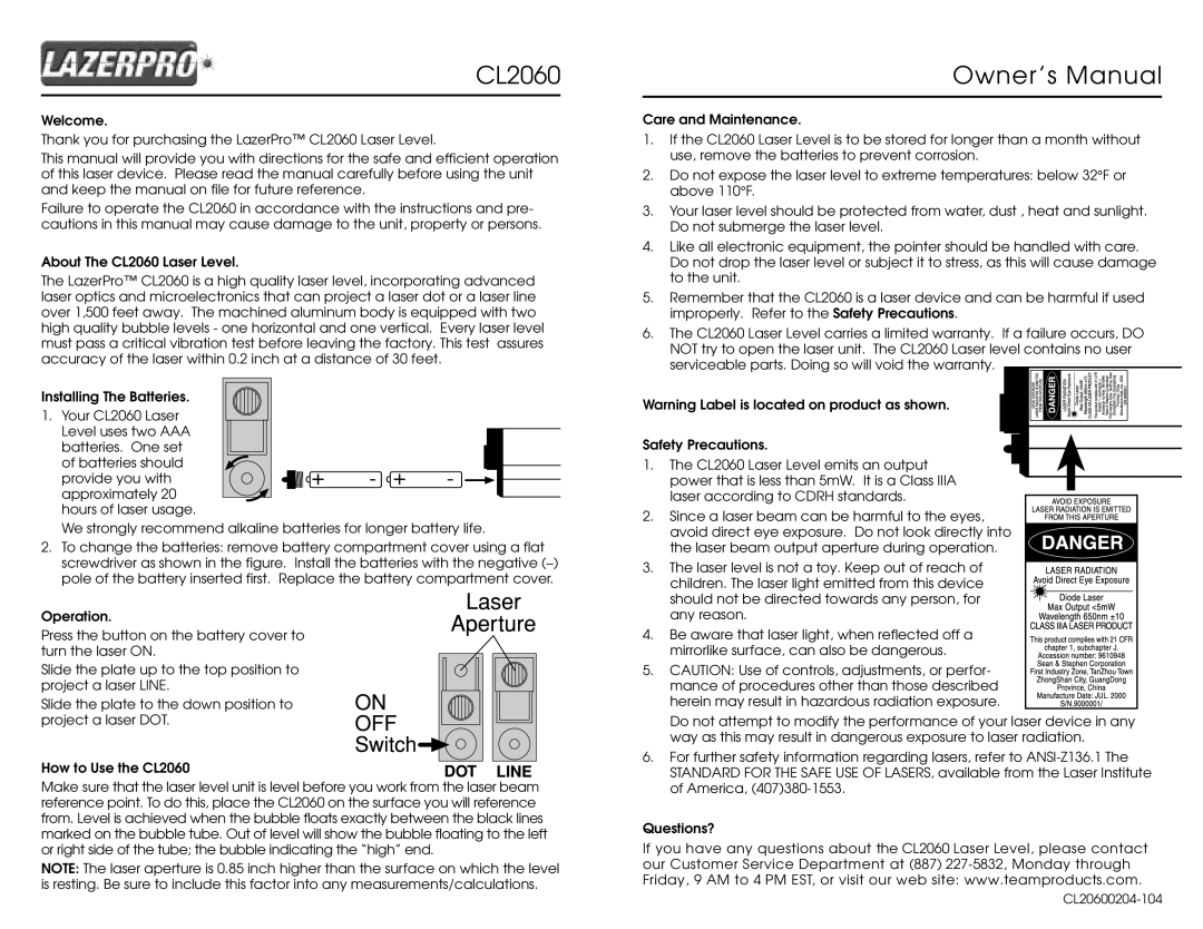 Team Products CL2060 warranty 