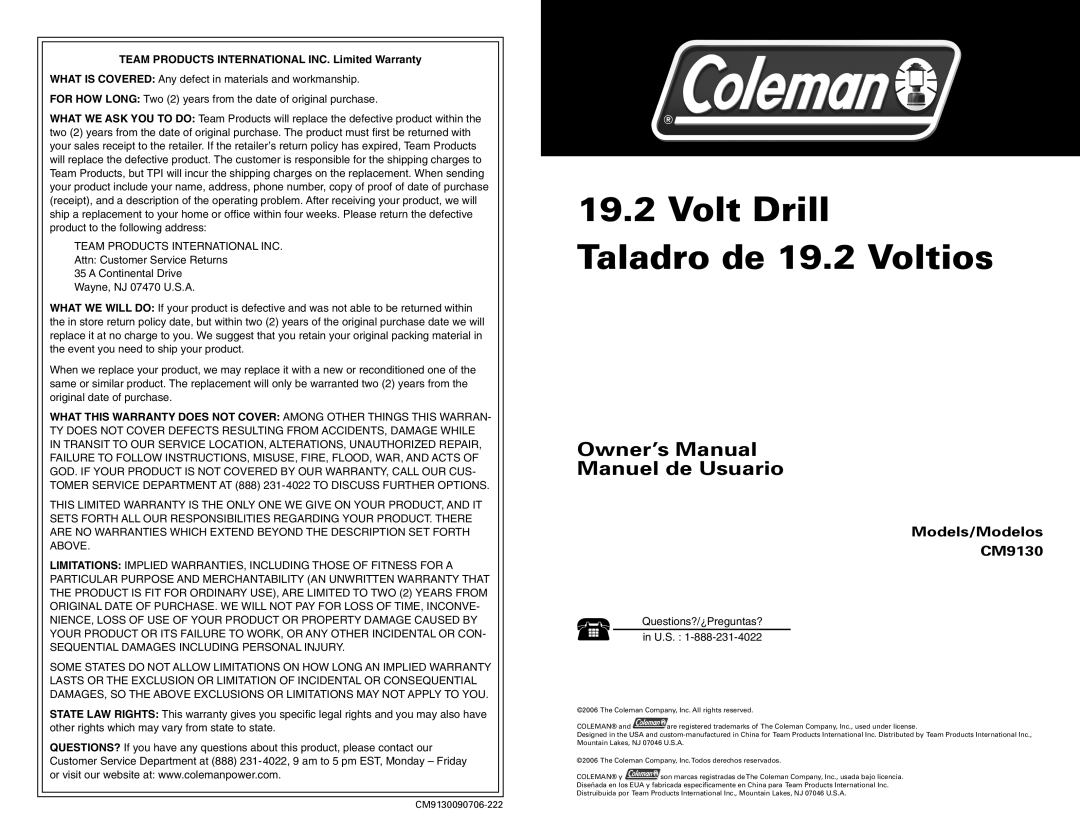 Team Products CM9130 owner manual Volt Drill Taladro de 19.2 Voltios 