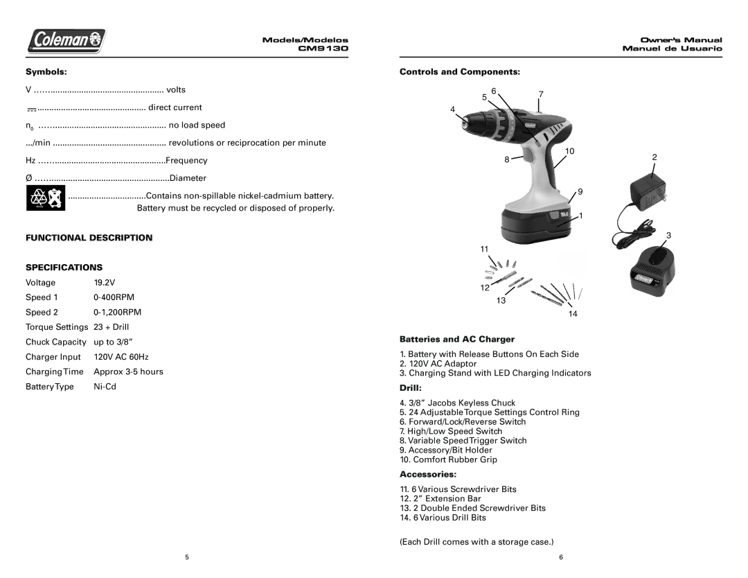 Team Products CM9130 Symbols, Functional Description Specifications, Controls and Components Batteries and AC Charger 