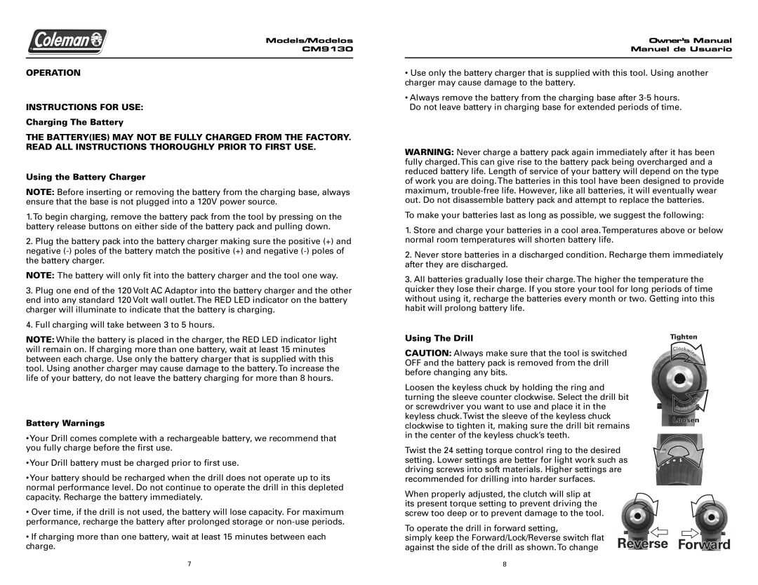 Team Products CM9130 Operation, Instructions for USE Charging The Battery, Using the Battery Charger, Battery Warnings 