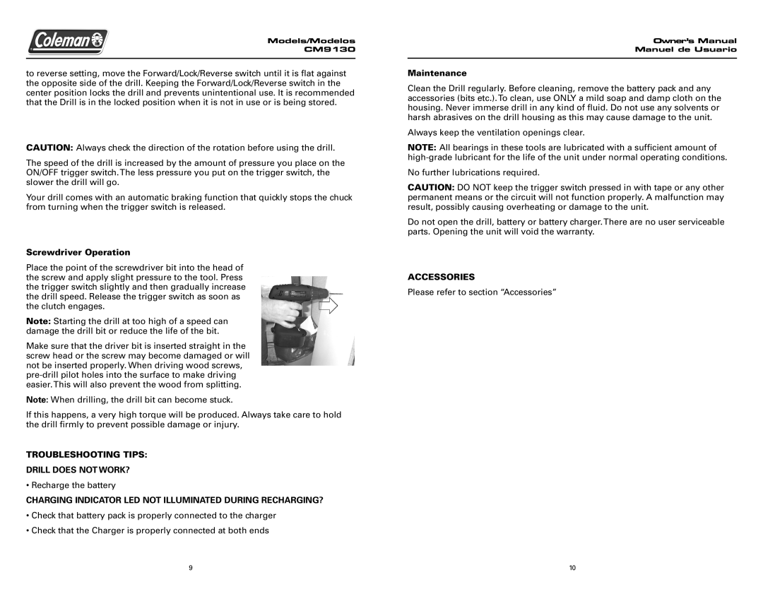 Team Products CM9130 Screwdriver Operation, Troubleshooting Tips Drill does not WORK?, Maintenance, Accessories 