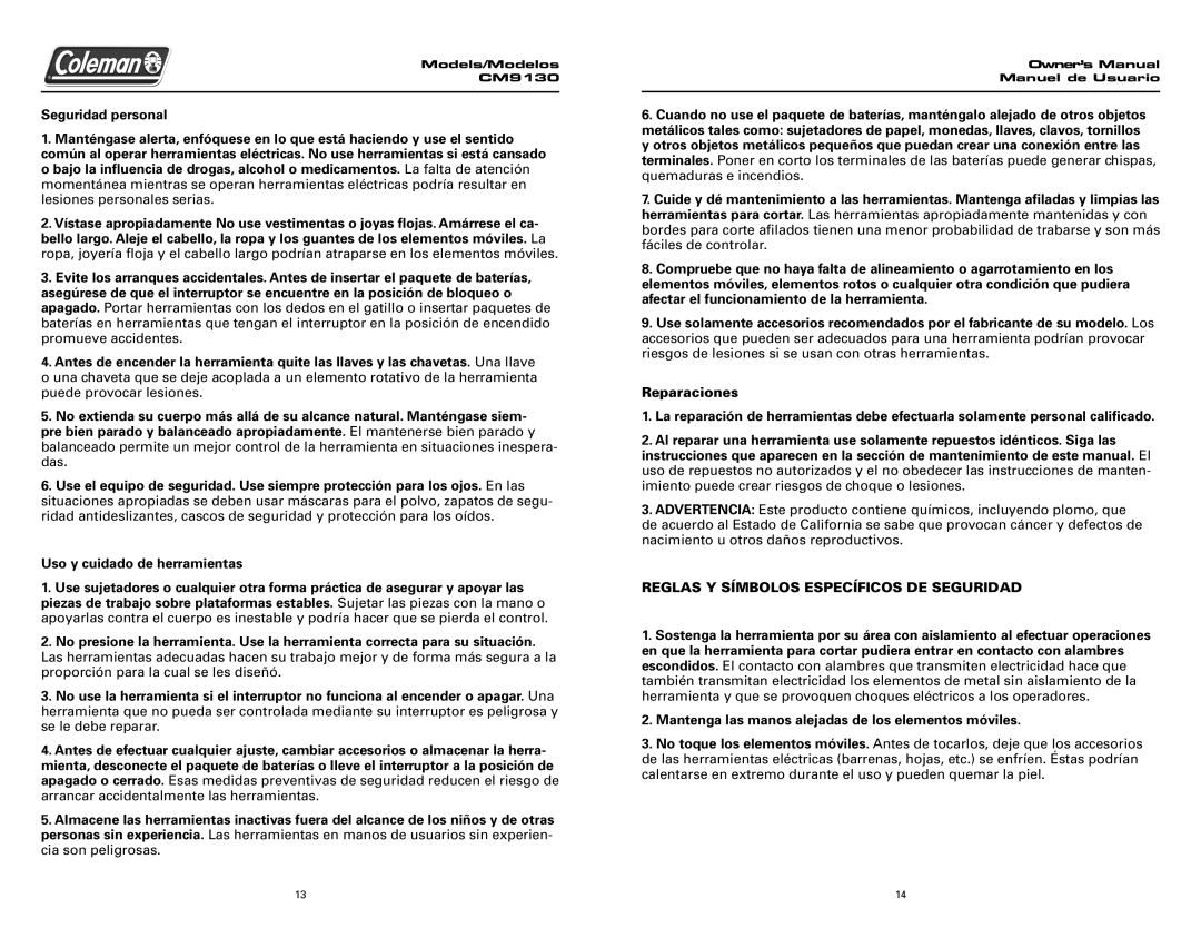 Team Products CM9130 owner manual Reglas Y Símbolos Específicos DE Seguridad 