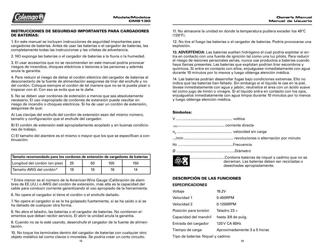 Team Products CM9130 owner manual Símbolos, Descripción DE LAS Funciones, Especificaciones 